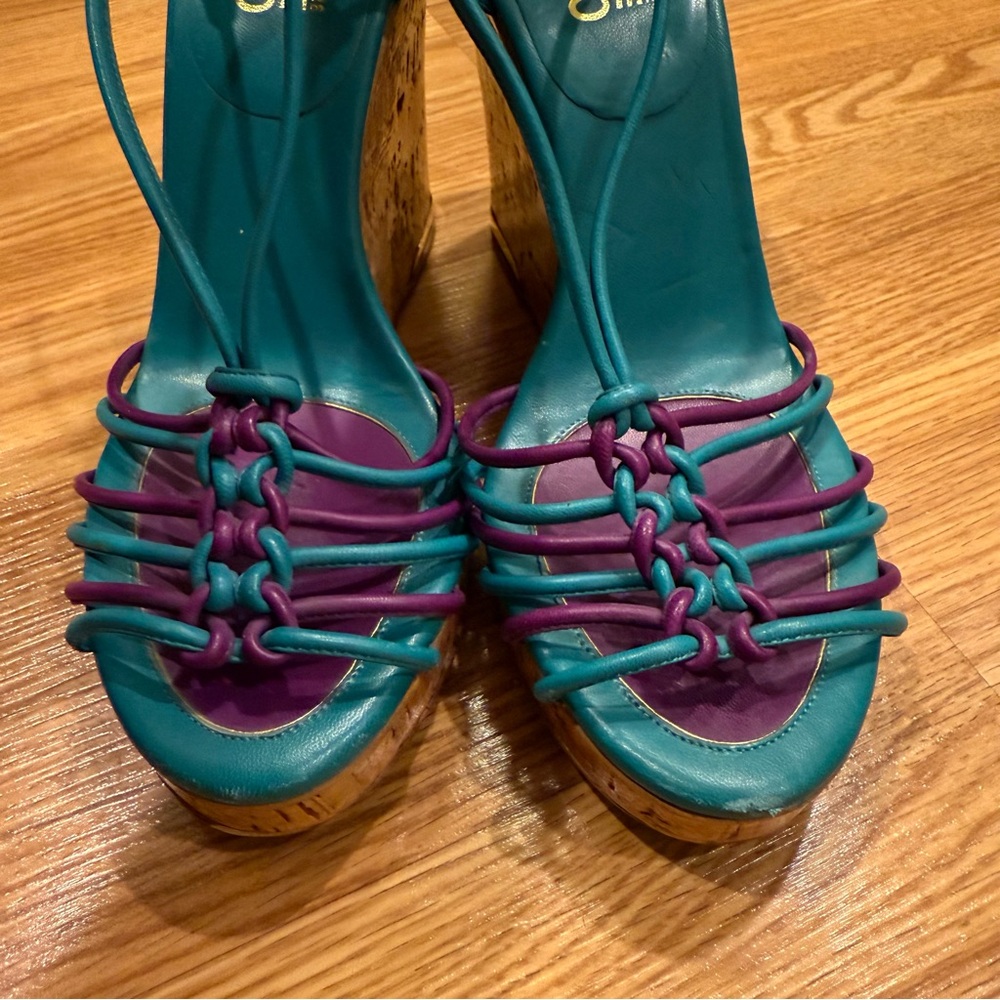 Salvatore Ferragamo‎ Purple and Teal Braided Lacquer Cork Wedge Sandals 8.5 C - Picture 2 of 11